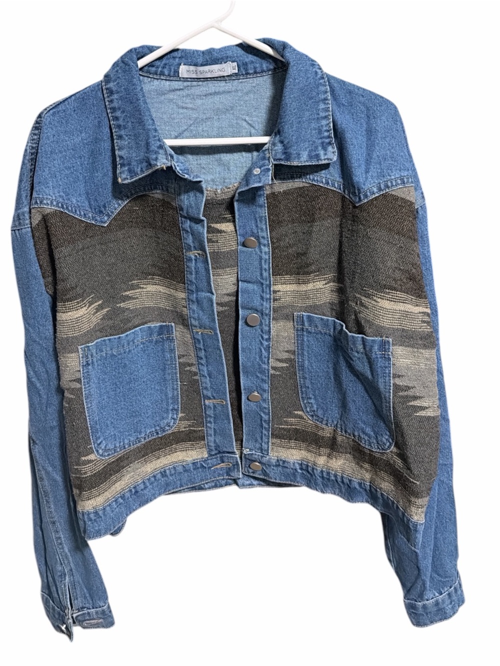 Miss Sparkling Blue Denim & Gray Patterned Jean Jacket